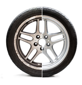 Image of old refurbished tyre showing before and after conditions concept of restoration or improvement